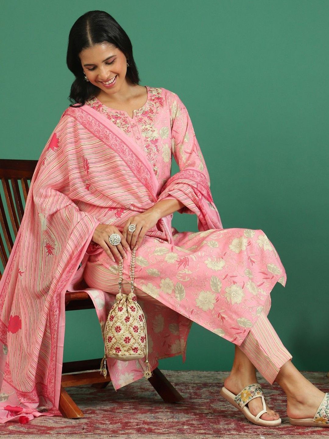 Sangria Floral Printed & Embroidered Kurta & Trouser With Dupatta | Grocsy
