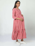 Manet Three Fourth Maternity Dress Striped With Concealed Zipper Nursing Access - Pink | Grocsy