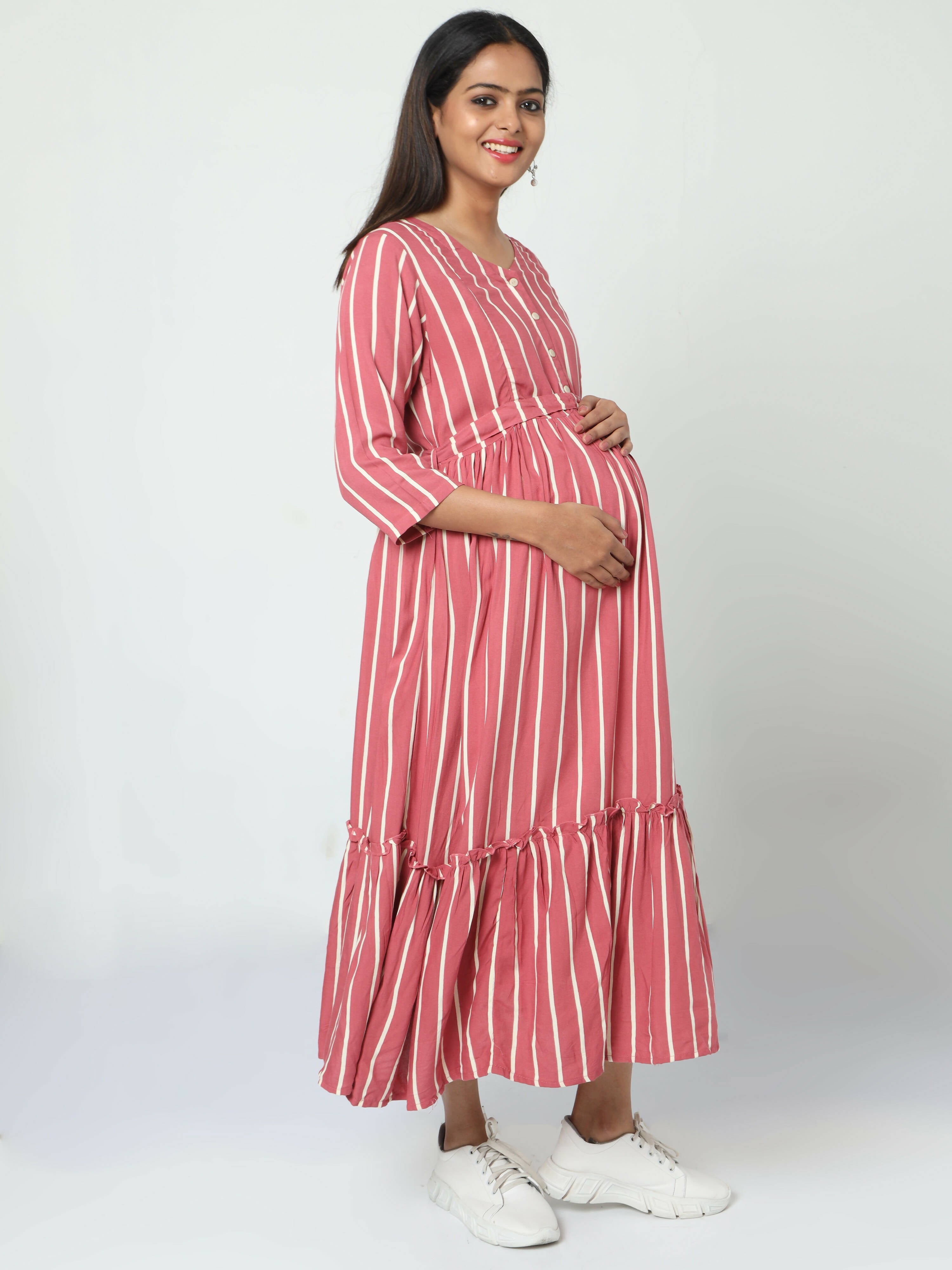 Manet Three Fourth Maternity Dress Striped With Concealed Zipper Nursing Access - Pink | Grocsy