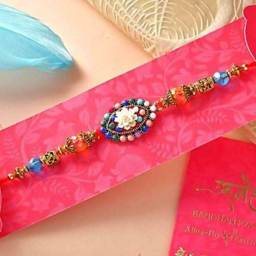Floral Blue Beads Rakhi & Coffee Biscotti Hamper Combo | Grocsy