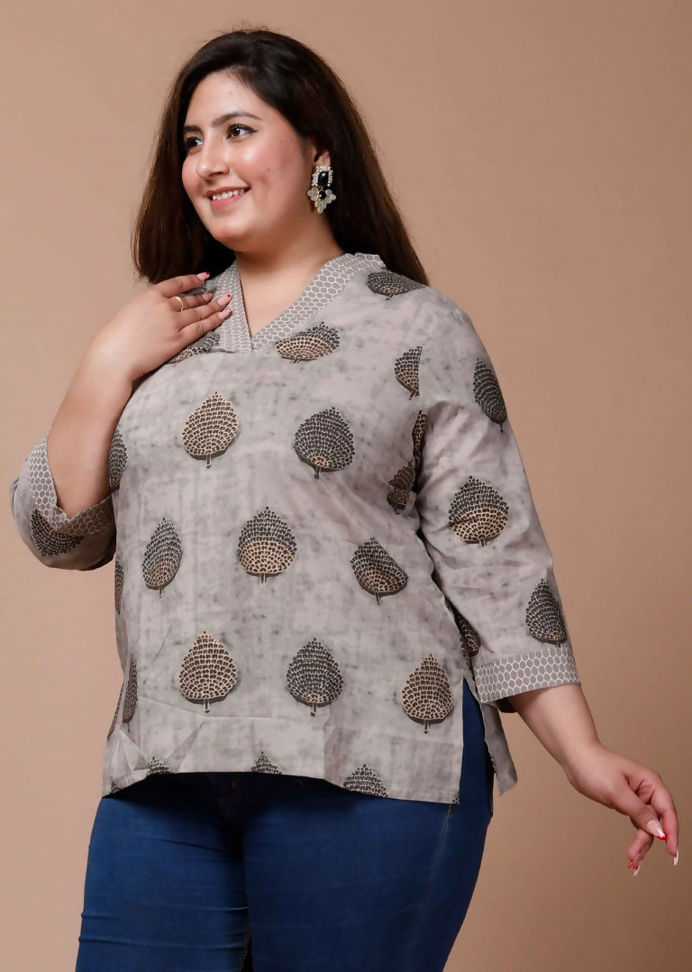 Miravan Women's Plus Size Floral Printed Beige Pure Cotton Kurti | Grocsy