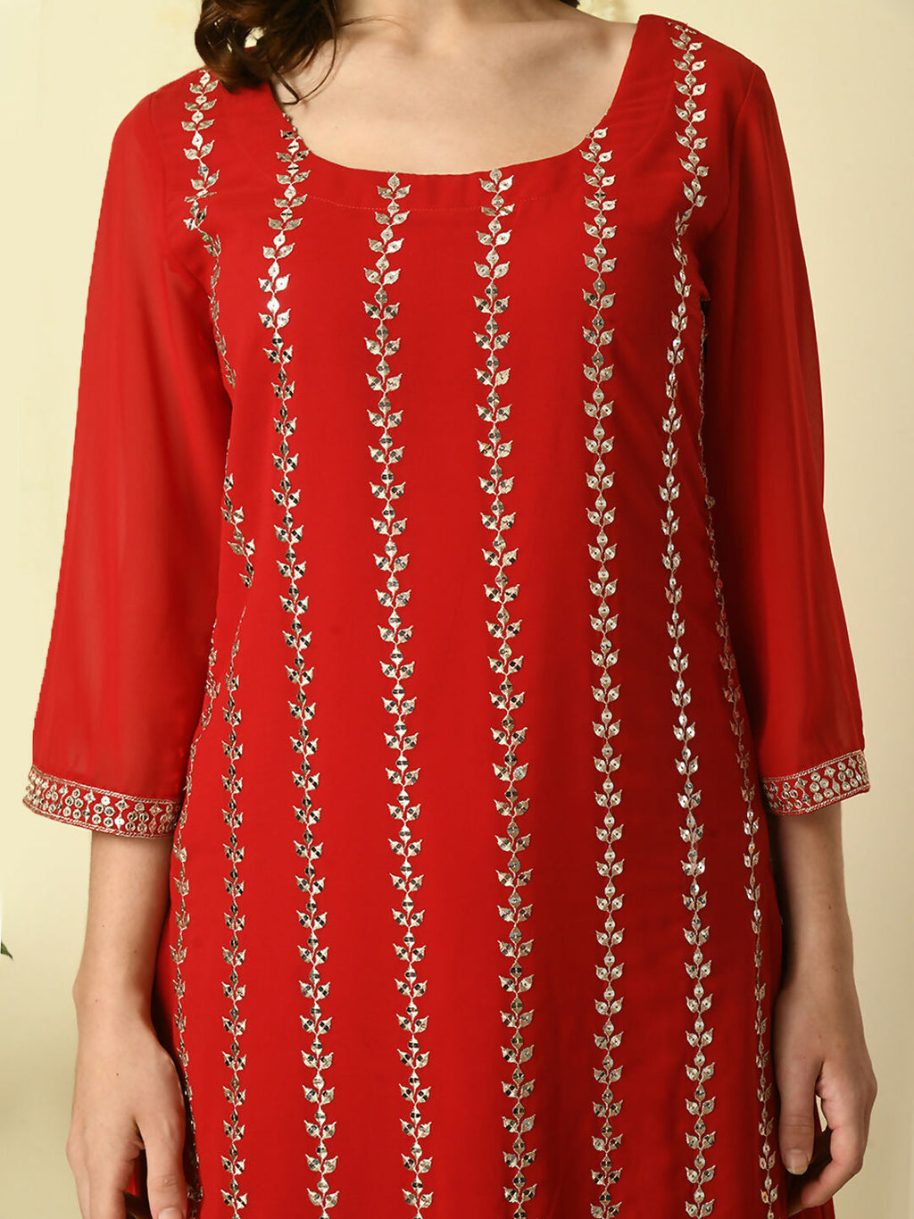 Myshka Women's Red Georgette Kurta & Skirt With Dupatta Party Sets | Grocsy
