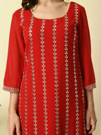 Myshka Women's Red Georgette Kurta & Skirt With Dupatta Party Sets | Grocsy