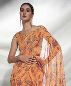 Orange Georgette Floral Printed Saree With Unstitched Blouse Piece - Rajal | Grocsy