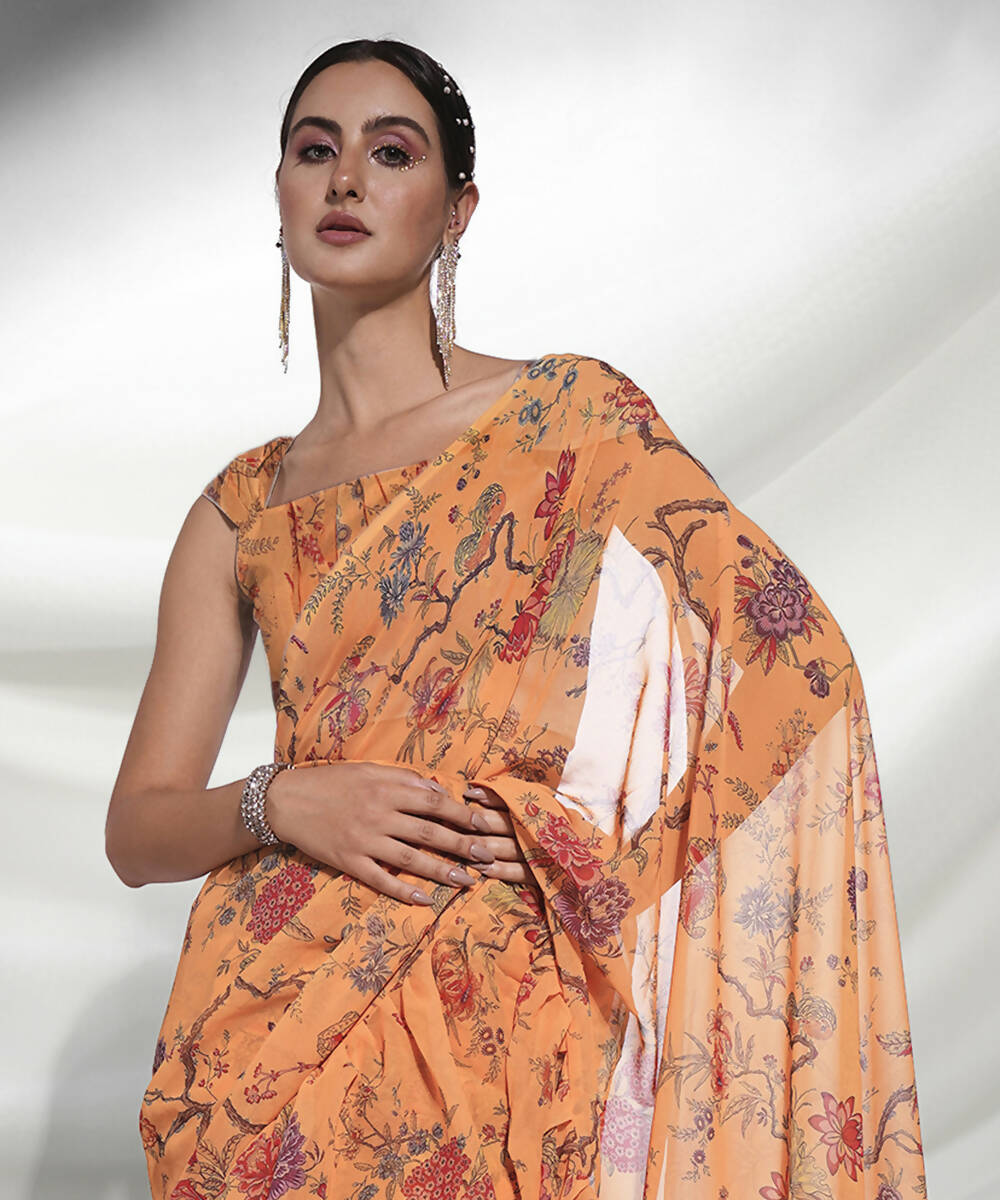 Orange Georgette Floral Printed Saree With Unstitched Blouse Piece - Rajal | Grocsy