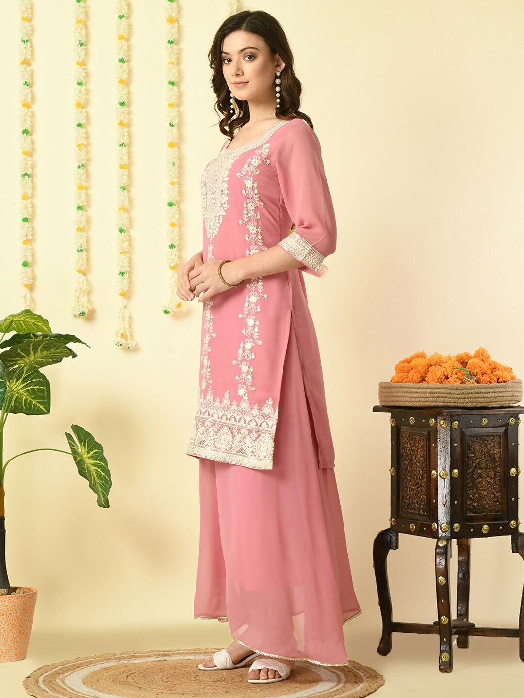 Myshka Women's Pink Georgette Kurta & Skirt With Dupatta Party Sets | Grocsy