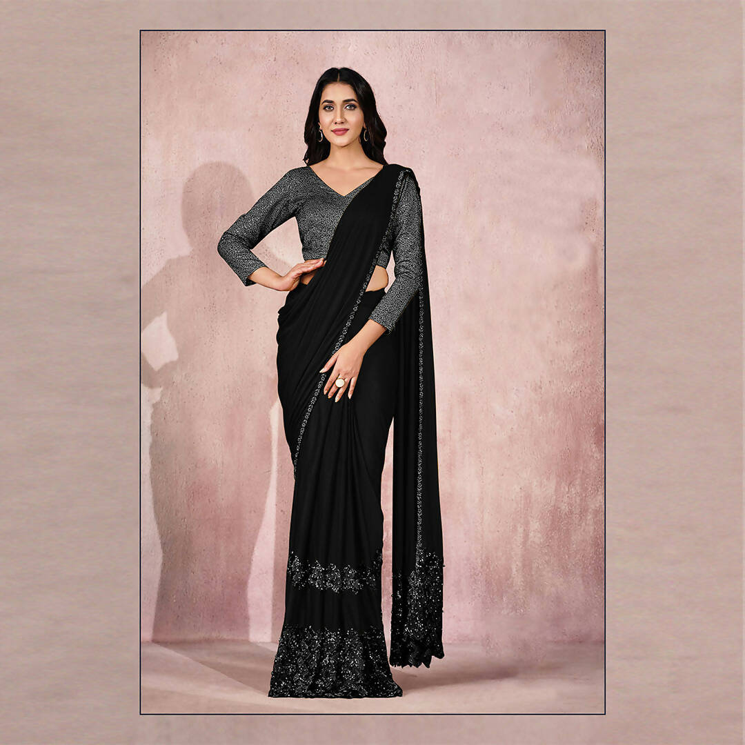 Black Lycra Embroidery Designer Saree With Blouse - Mohmanthan Sitaarah | Grocsy