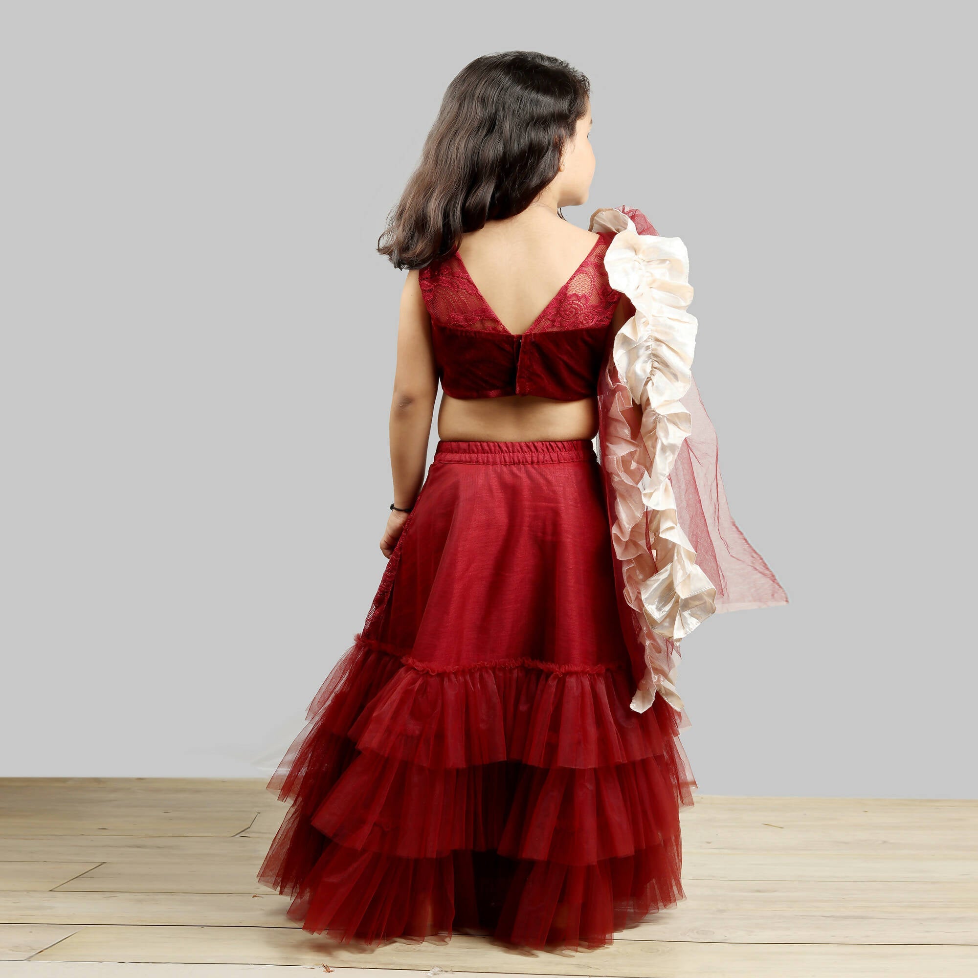 Pink Cow Fashions Velvet Choli With Net Ghagra & Frill Dupatta | Grocsy