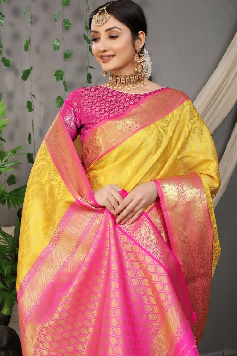 Jyoti Fashion Women's Yellow Kanjivaram Silk Zari Woven Saree with Blouse | Grocsy