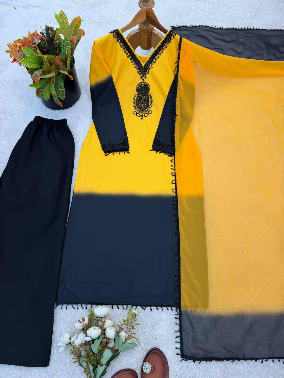 Teeya Creation Women's Trendy Stylish French Crepe Silk Yellow Kurta Set | Grocsy