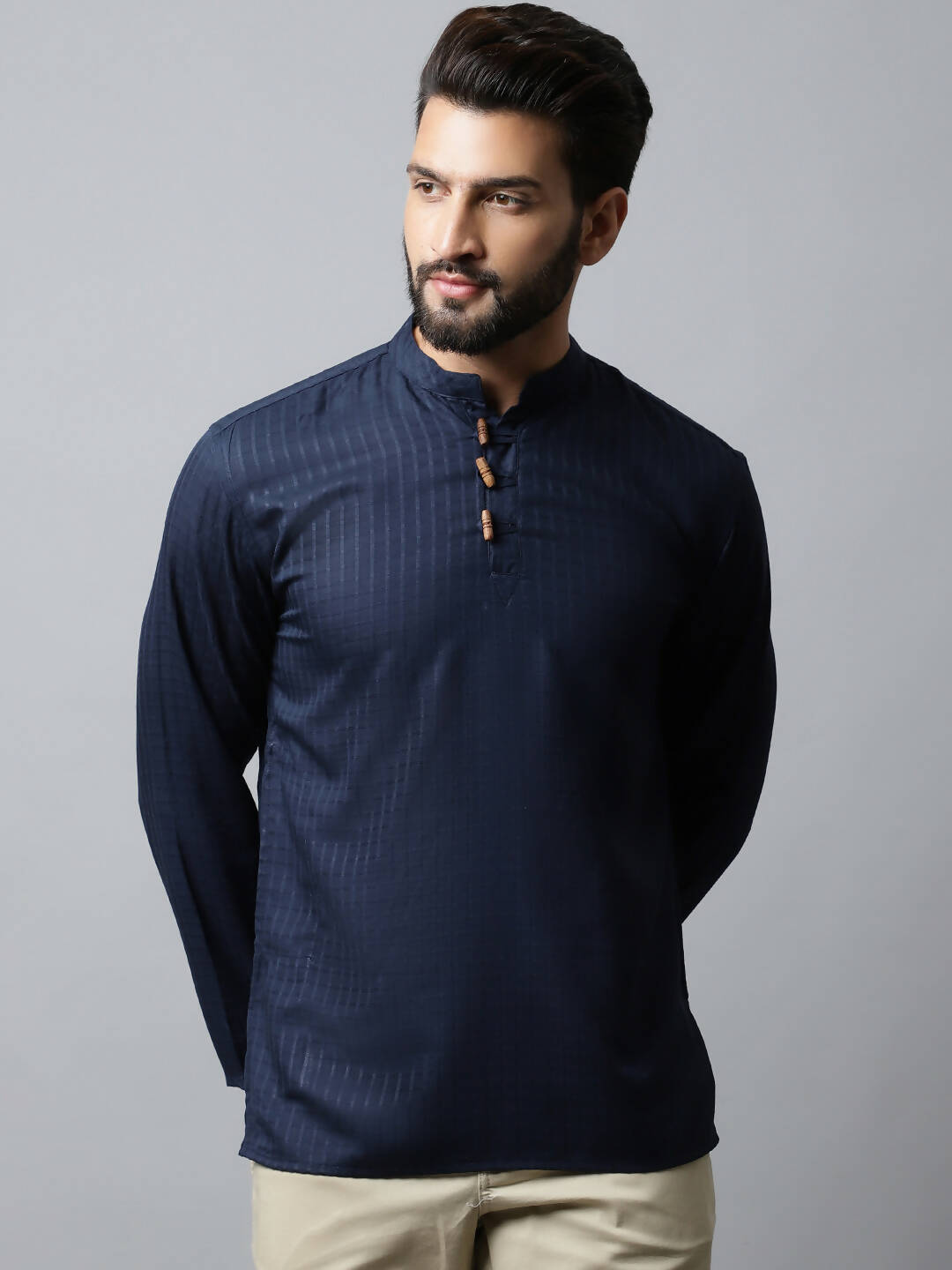 Even Apparels Navy blue Color Pure Cotton Men's Kurta With Side Placket (CHK082) | Grocsy