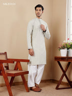 Pestel Green Linen Designer Embroidery Work Men's Rajwadi Kurta Set - Mahotsav | Grocsy