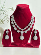 Siver American Diamond Two Layer Elegent Necklace Set With Earrings By House of Ree - Swadesiicart