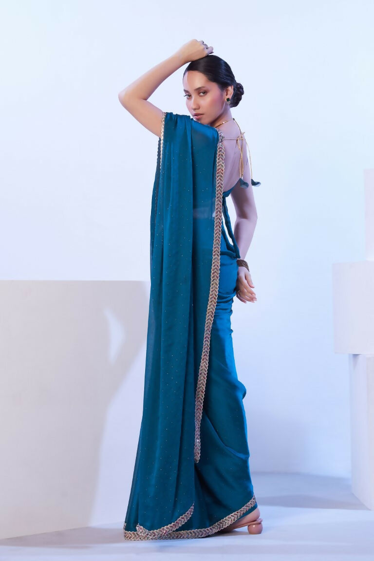 Firozi Satin Chiffon Solid Designer & Lace Work Saree - Samaa | Grocsy