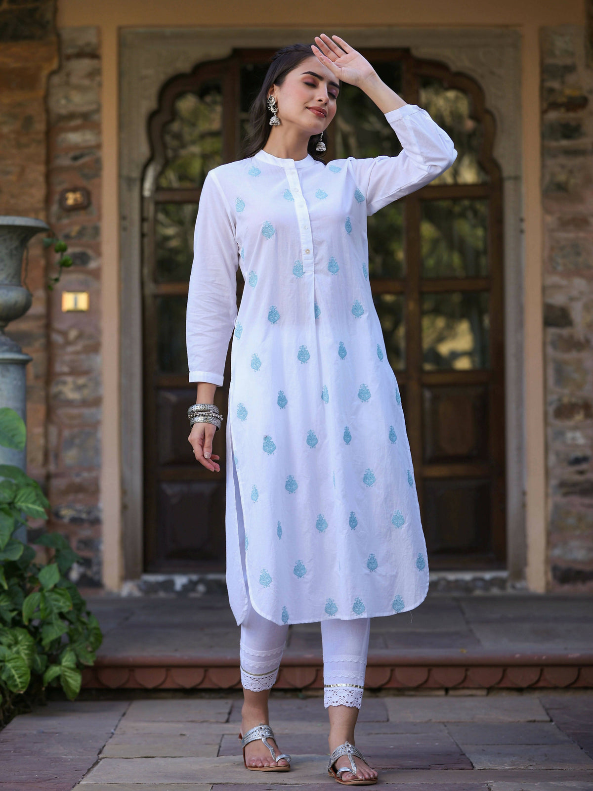 Juniper Women's White Cambric Printed Straight Kurta | Grocsy