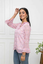 Myshka Women Pink Floral V-Neck Regular Sleeves Synthetic Georgette Top | Grocsy