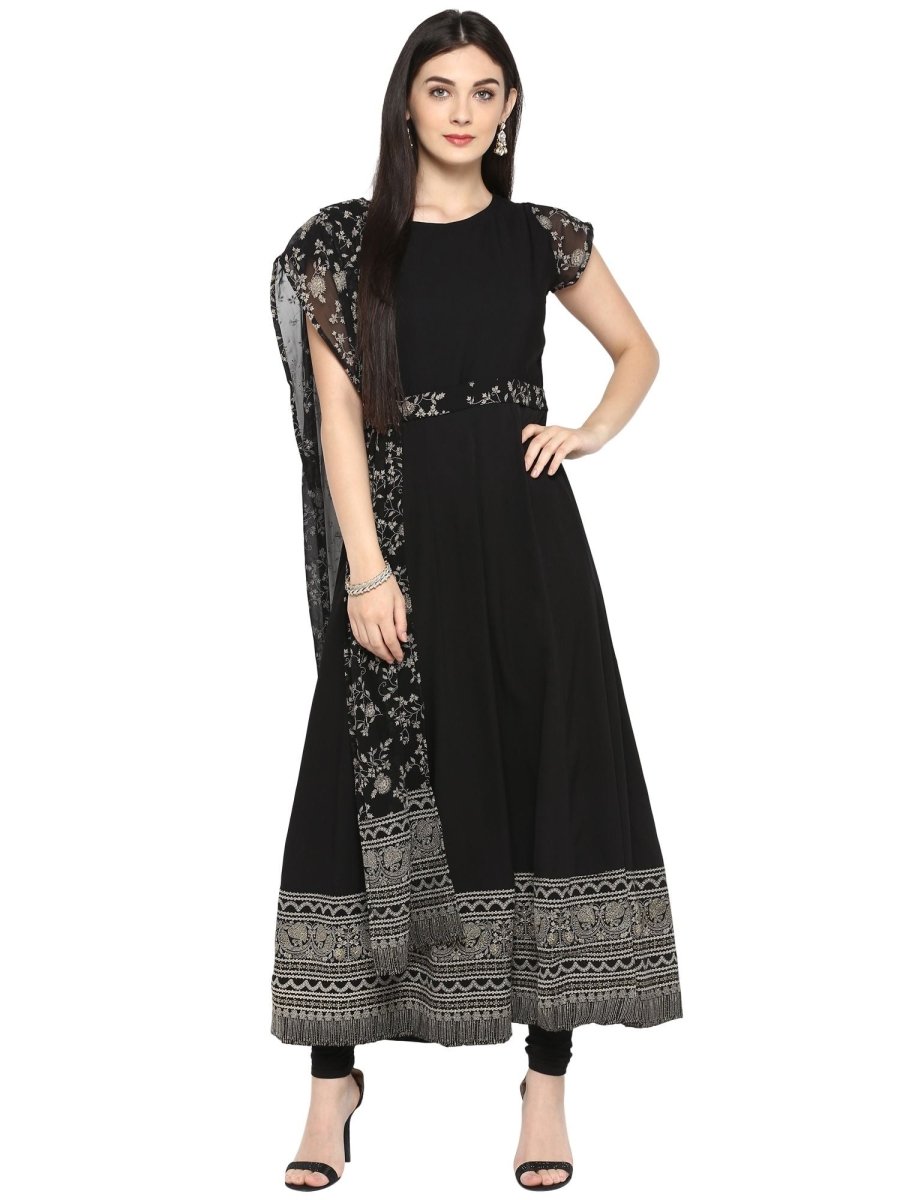 Ahalyaa Women's Black Crepe Printed Kurta With Attached Dupatta | Grocsy