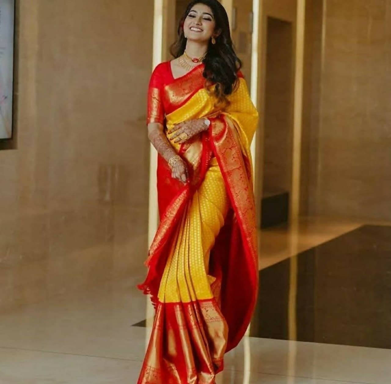 DEIANA'S Beautiful Designer Golden zari Soft Lichi Silk Saree - Yellow | Grocsy
