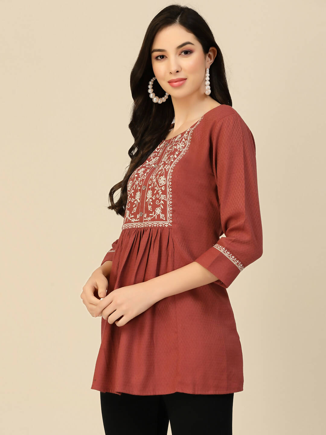 Brown Poly Rayon Floral Embroidered Top - Zeny | Grocsy