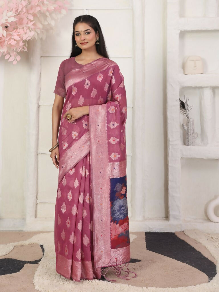 Shree Shyam Fashion Linen Cotton Pink Saree | Grocsy