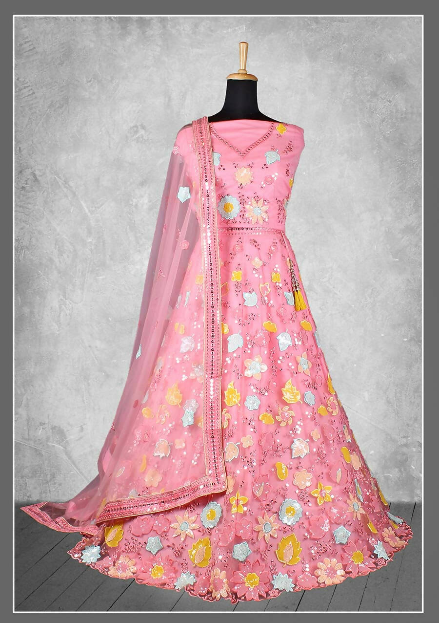 Pink Net, Satin Silk Cord And Sequins Floral Embroidery Semi-Stitched Lehenga Choli - Nimaya Kangan | Grocsy