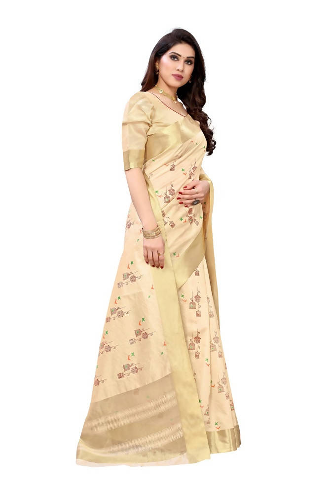 Vamika Cream Color Cotton Polyester Silk Weaving Saree | Grocsy