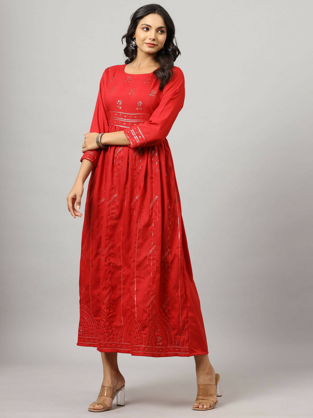 Juniper Women's Red Festive Printed Flared Dress | Grocsy