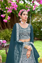Teal Net Embroidered Semi Stitched Lehenga Choli with Dupatta - Bhagya | Grocsy