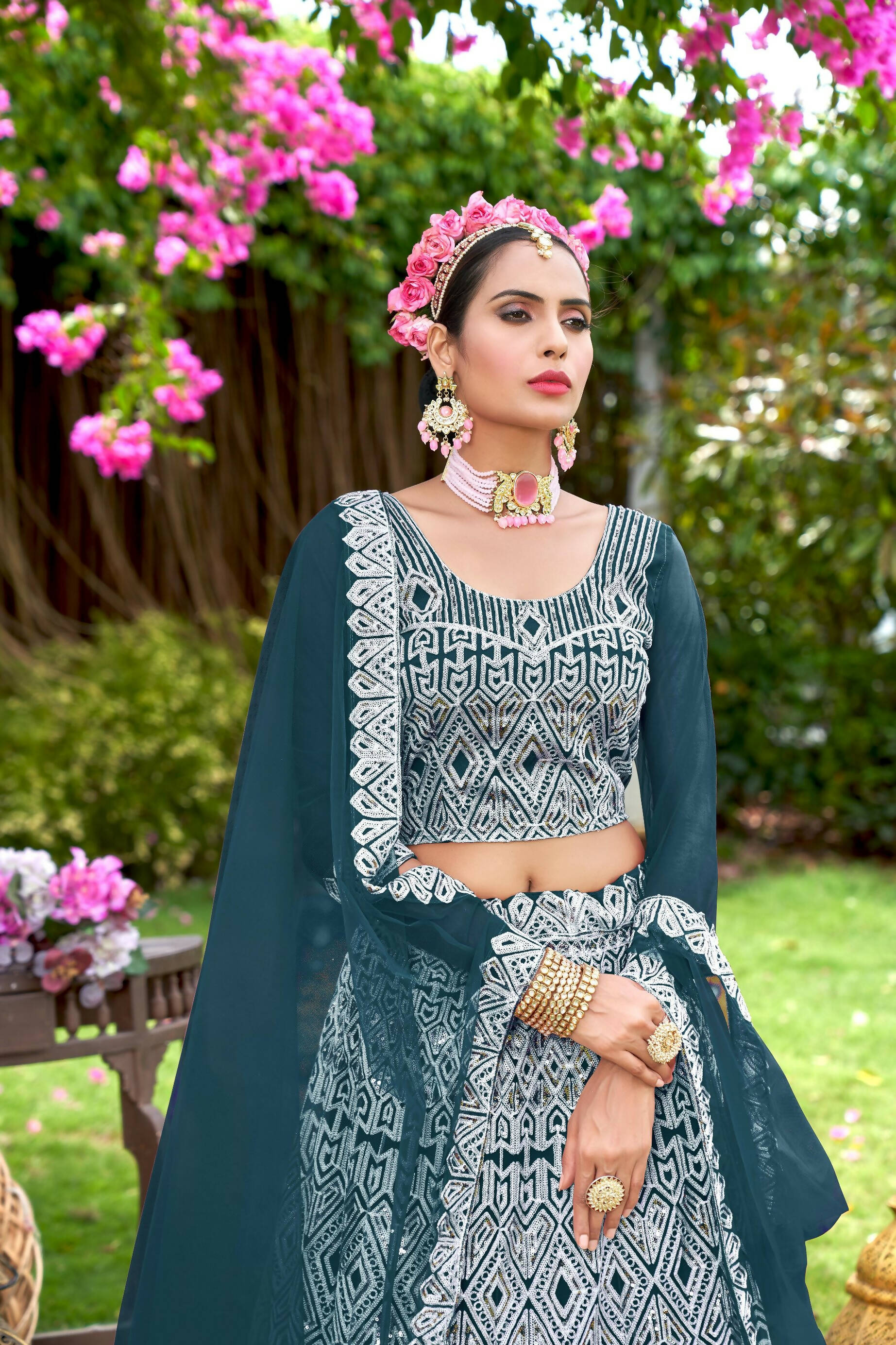 Teal Net Embroidered Semi Stitched Lehenga Choli with Dupatta - Bhagya | Grocsy