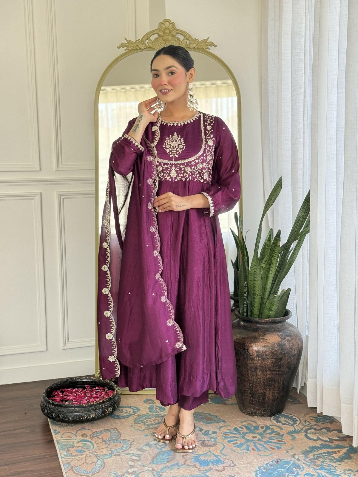 The52 Purple Women's Gorgeous Embroidered Vichitra Silk Fabric Flared Kurta Pant with Dupatta Set | Grocsy