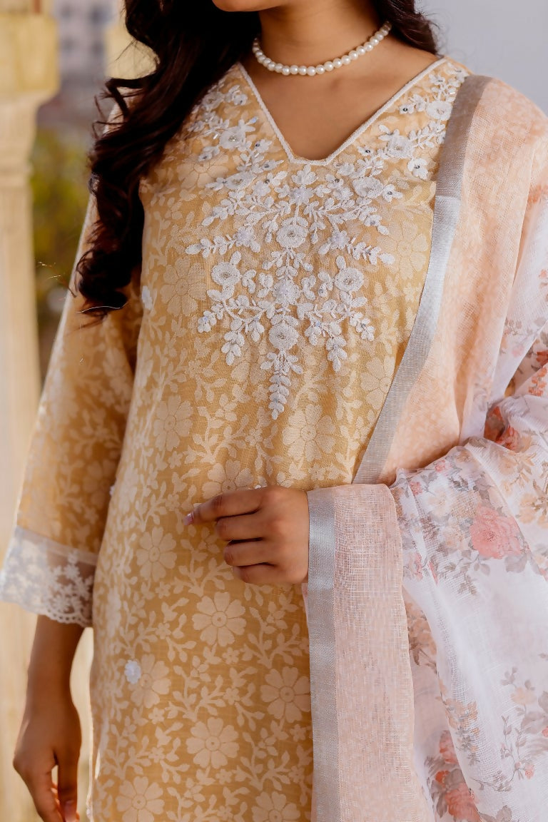 Vaasva Women Peach Linen Printed Kurta, Pant & Dupatta set | Grocsy