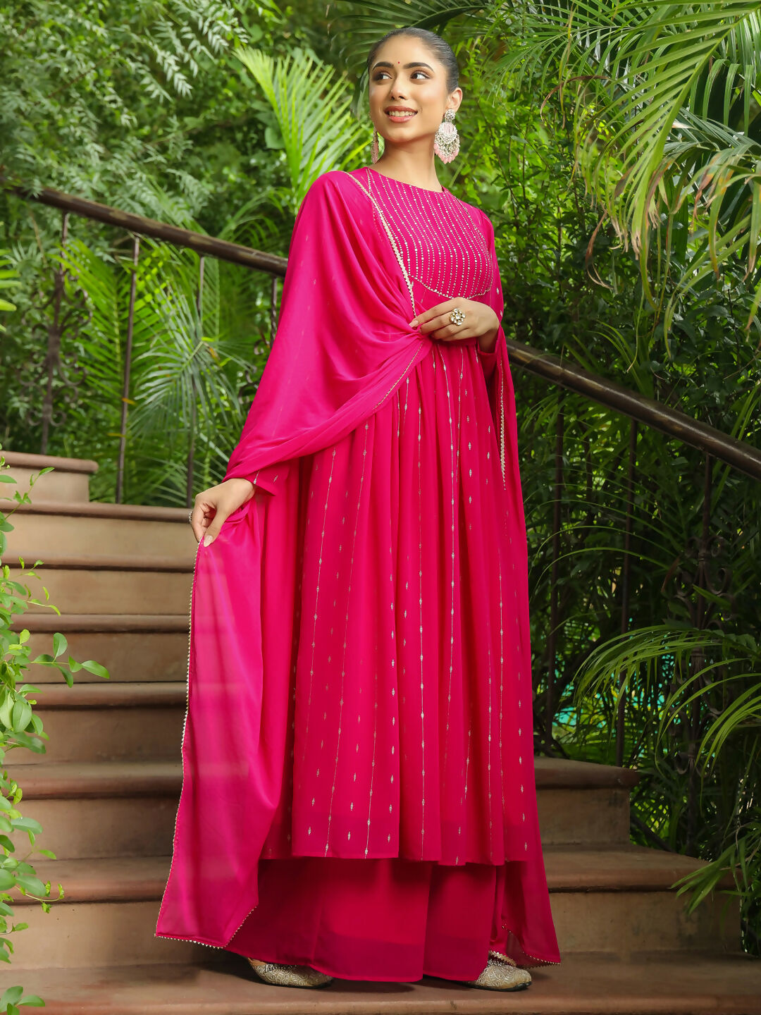 Janasya Pink Georgette Foil Print Kurta,Bottom & Dupatta | Grocsy