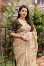 Olive Pure Linen Ethnic Motifs Saree with Unstitched Blouse - A2M | Grocsy