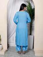 Miravan Womens Blue Embroidered Kurta With Palazzo | Grocsy