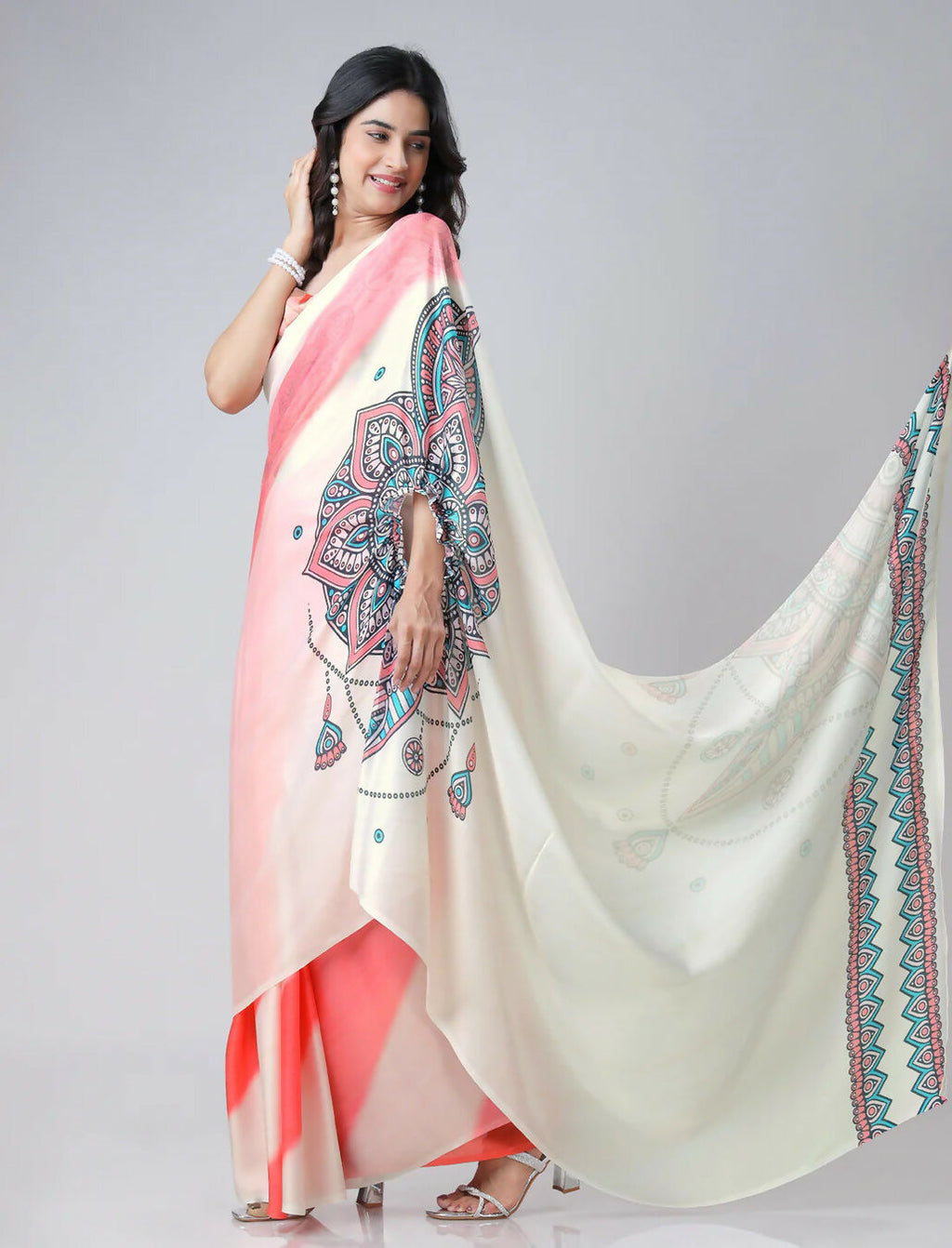 Vastranavya Coral Off White Freehand Mandalaa Print Ready to Wear Saree | Grocsy