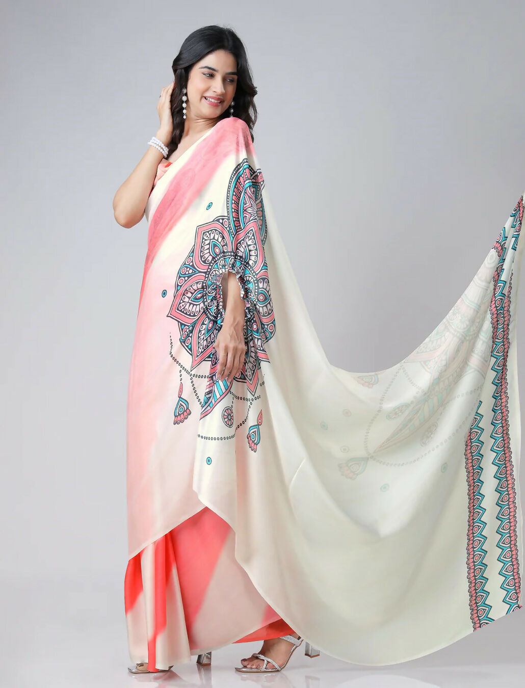 Vastranavya Coral Off White Freehand Mandalaa Print Ready to Wear Saree | Grocsy