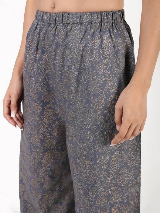 Aniyah Rayon Gold Print Flared Grey Palazzo (AN-155K) | Grocsy