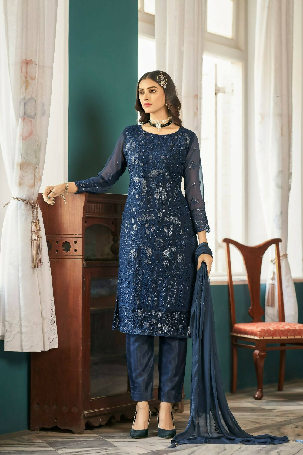 Blue Heavy Faux Georgette Embroidered Semi Stitched Suit - Dhvani | Grocsy