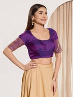 Joban Fashion Brinjal Tafeta Silk Padded Blouse With Round Neck Elbow Sleeves | Grocsy