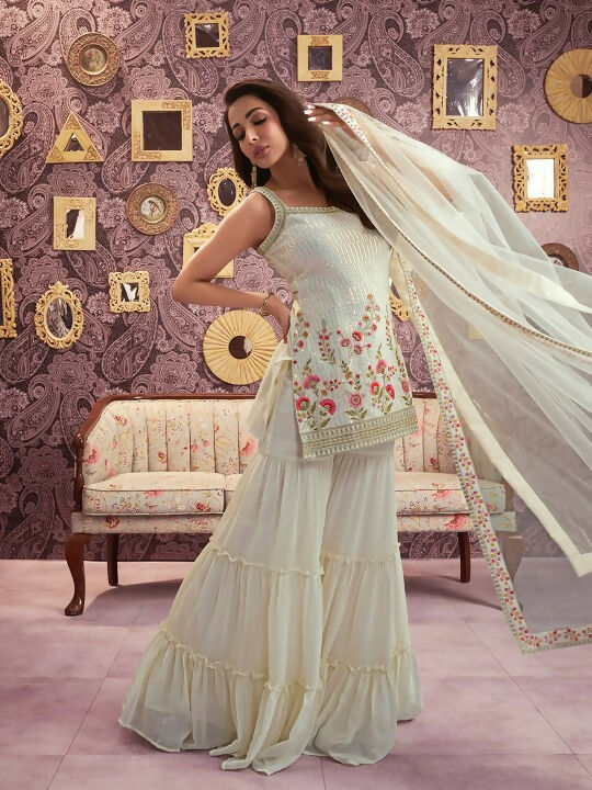 Vastranavya Malaika Arora Cream Georgette Embroidered Sequins Palazzo Suit | Grocsy