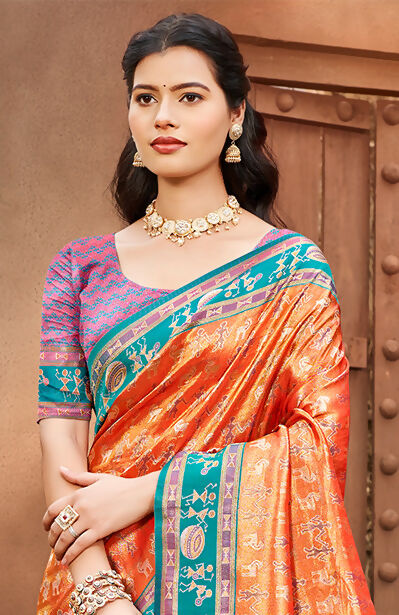 Sangam Prints Orange Kanjivaram Silk Woven Work Traditional Saree | Grocsy