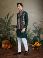 Vastranavya Green Exclusive Festival Viscose Silk Thread & Swarovski Embroidered Work Mens Wear Kurta & Koti | Grocsy