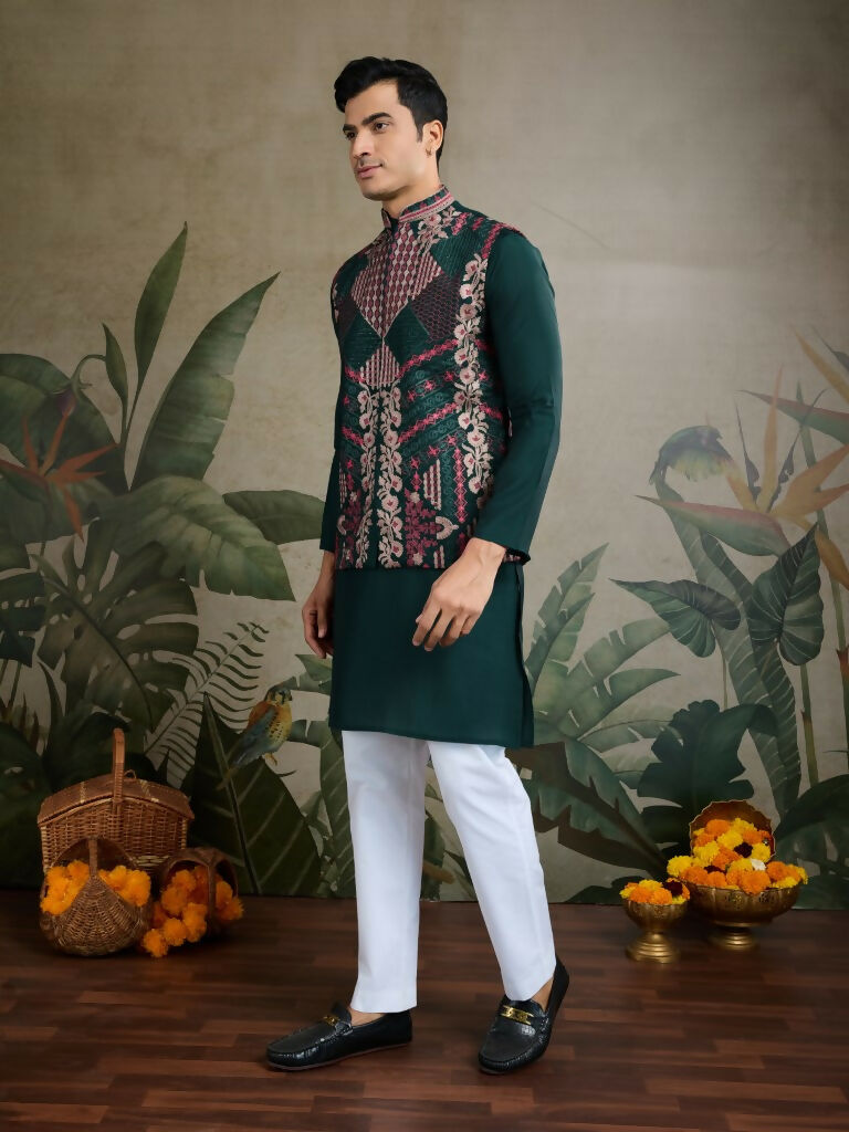 Vastranavya Green Exclusive Festival Viscose Silk Thread & Swarovski Embroidered Work Mens Wear Kurta & Koti | Grocsy