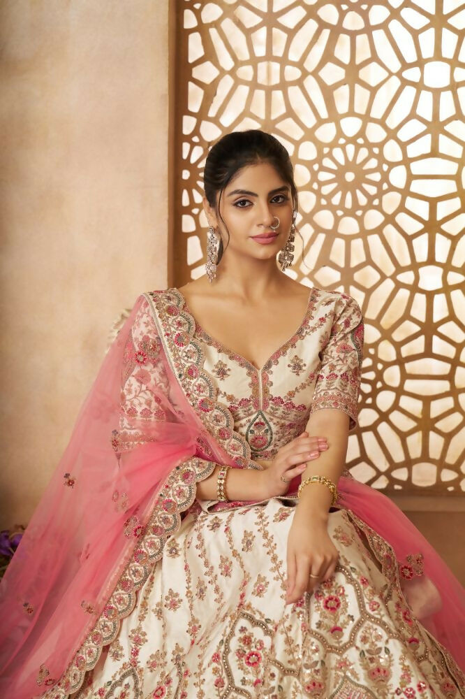 Kesar Fab White Silk Embroidered Lehenga | Grocsy
