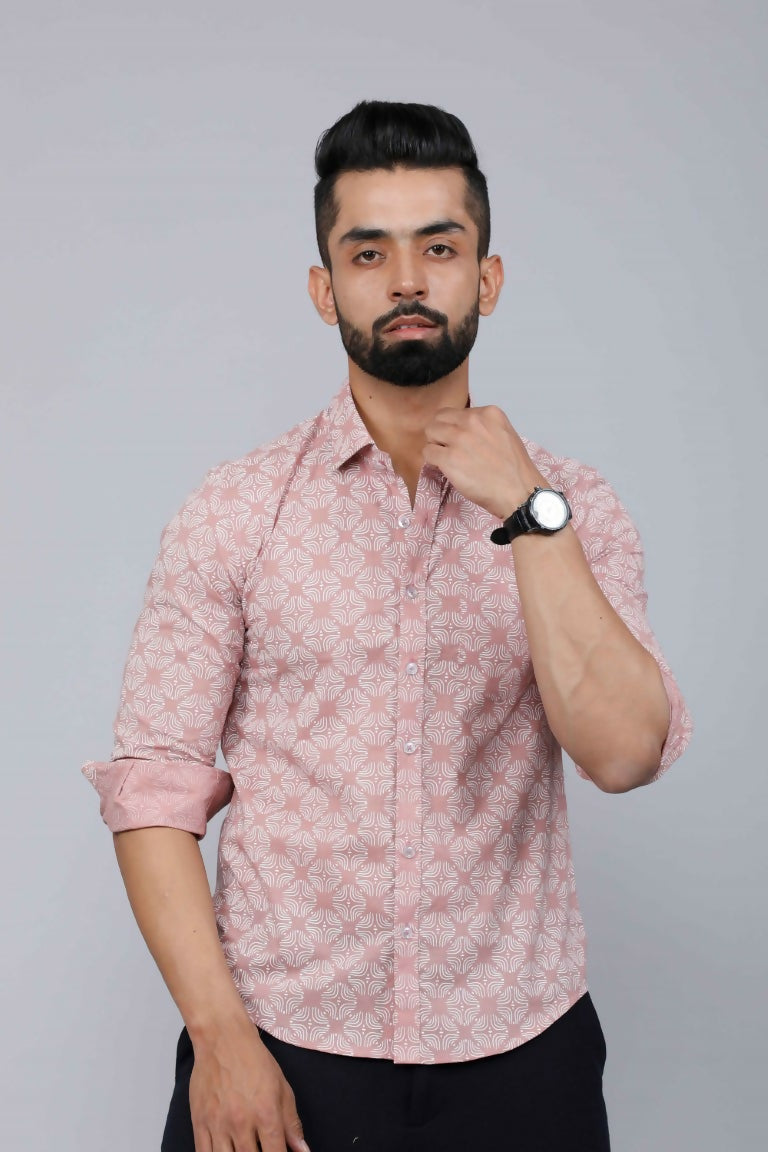 Miravan Men's Pink Pure Cotton Floral Print Slim Fit Casual Shirt | Grocsy