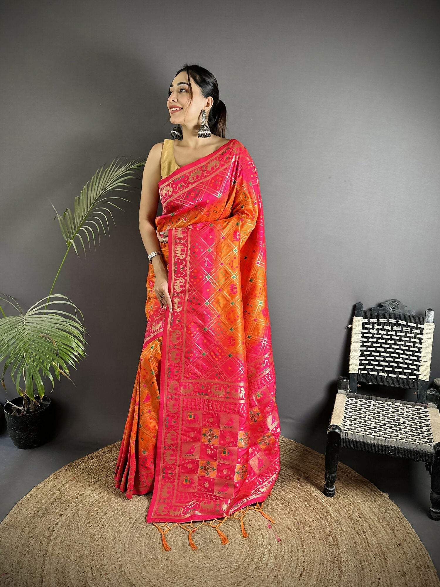 Joban Fashion Orange And Pink Geometric Pattern Soft Silk Patola Saree | Grocsy