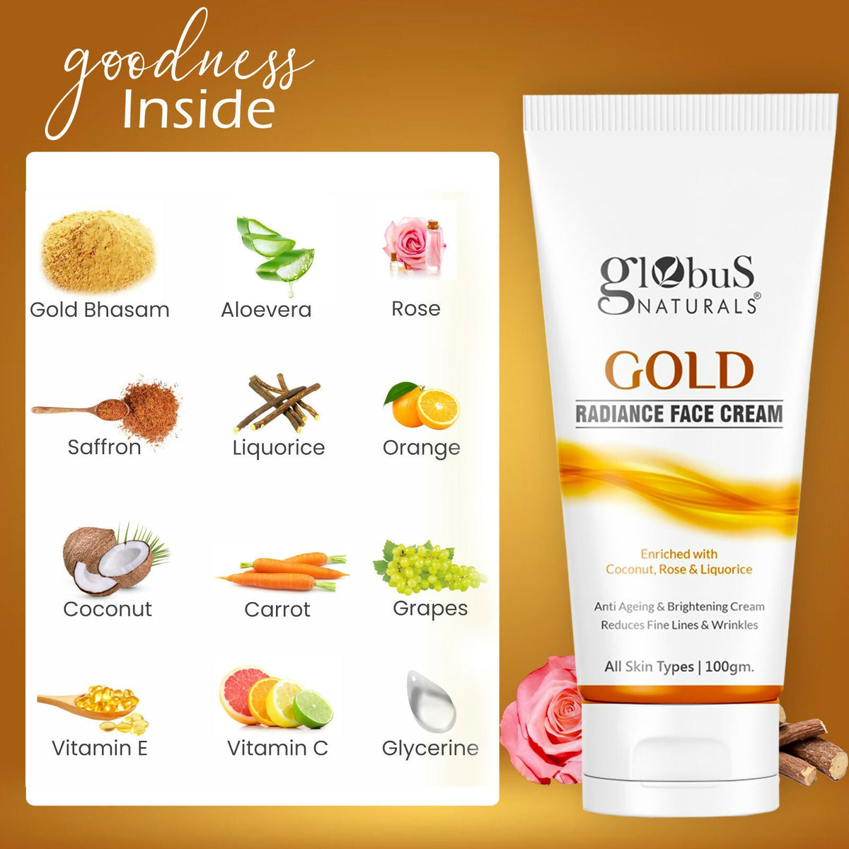Globus Naturals Gold Radiance Anti Ageing & Brightening Face Cream | Grocsy