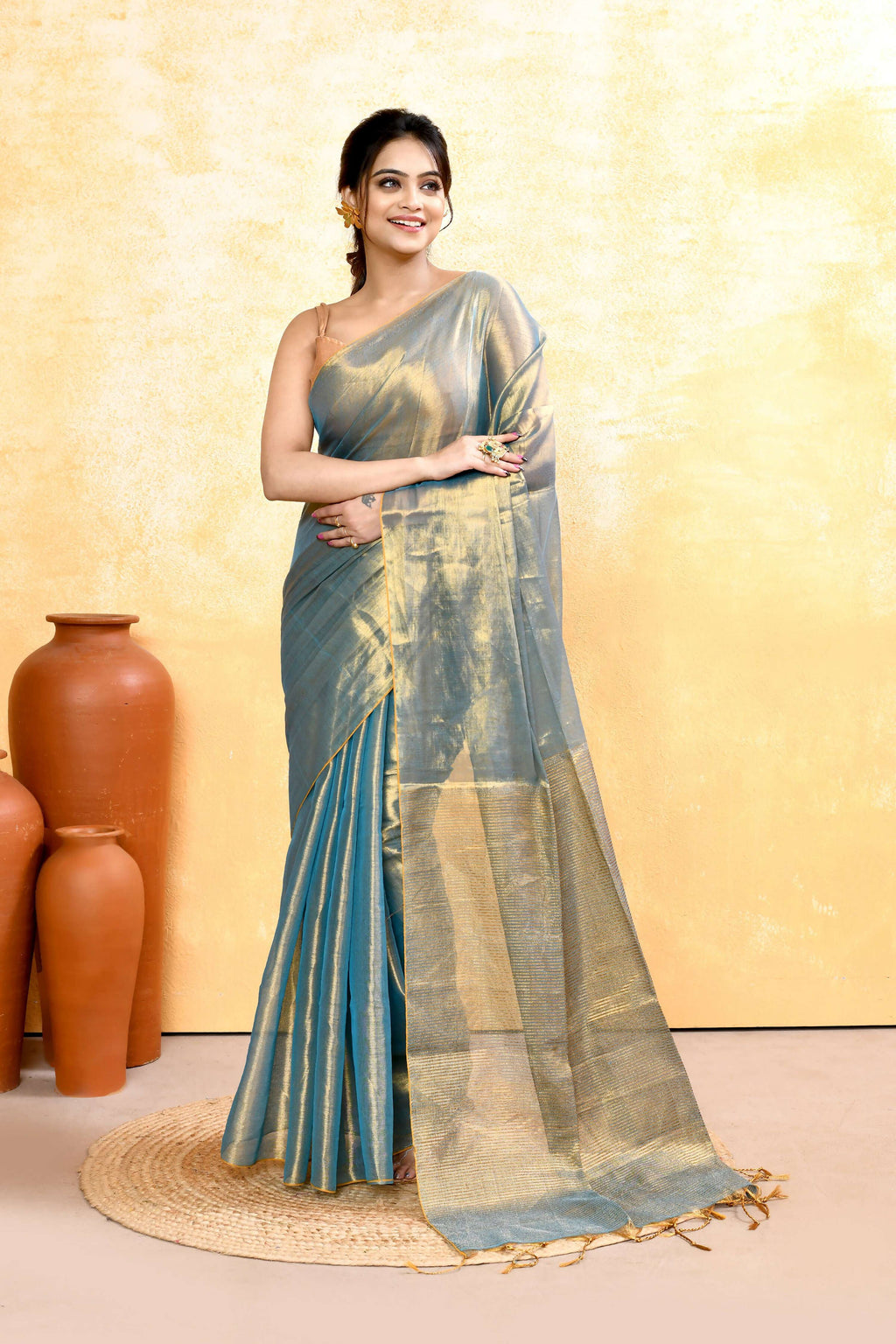 Piyari Fashion Women's Copper Turquoise Dual Tone Organic Tissue Saree With Blouse Piece | Grocsy