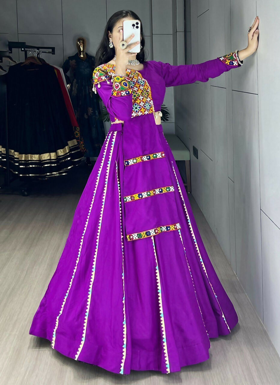 Yash Enterprise Purple Rayon Cotton Embroidery Semi Stitched Navratri Top Chaniya Choli | Grocsy