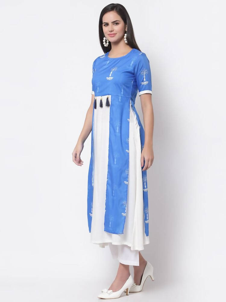 Myshka Viscose Printed 3/4 Sleeve Round Neck Casual Blue Women's dress | Grocsy